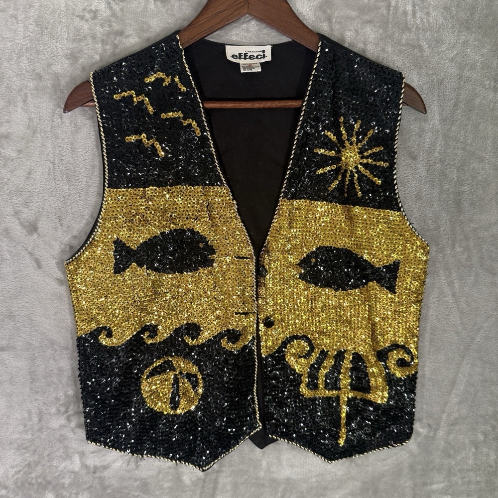 Creazioni Effeci Vest Sz M Sequin Ocean Fish Summer Beach Art To Wear Vtg 1980s